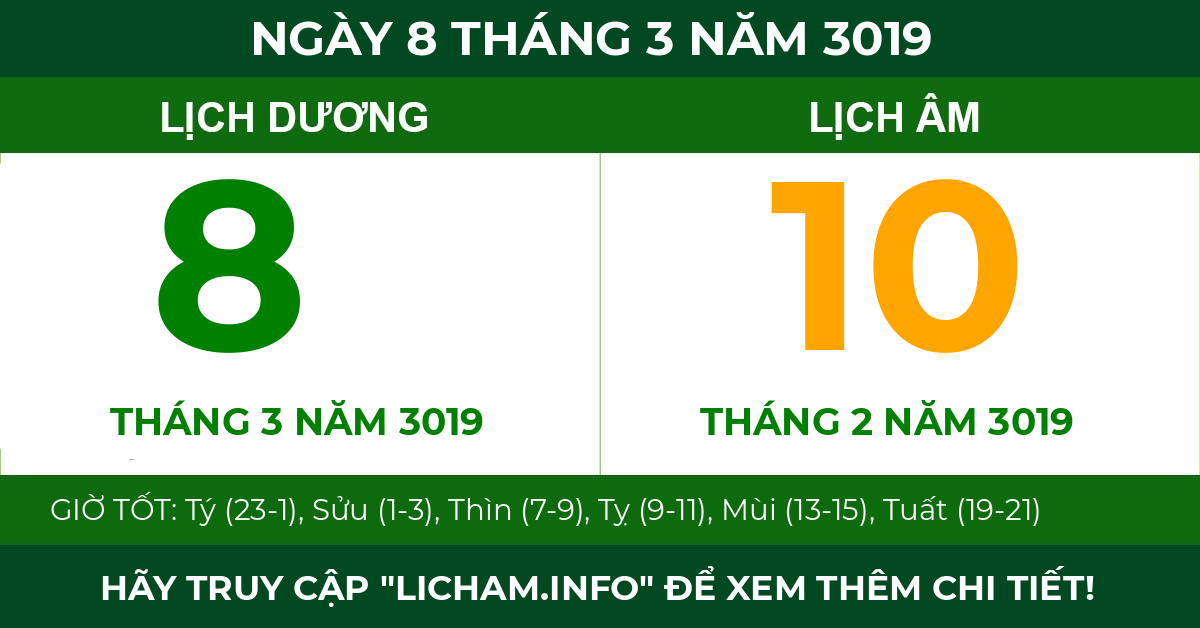 lịch âm ngày 8 tháng 3 năm 3019