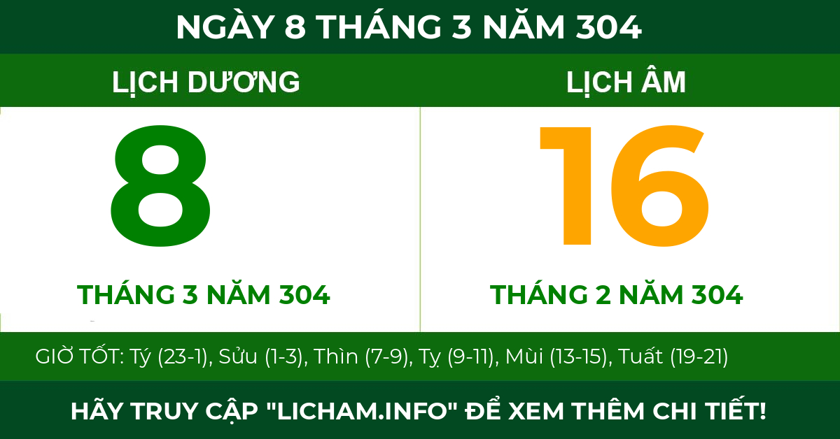 lịch âm ngày 8 tháng 3 năm 304