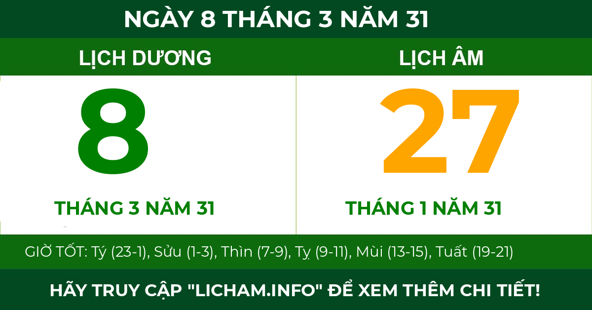 lịch âm ngày 8 tháng 3 năm 31