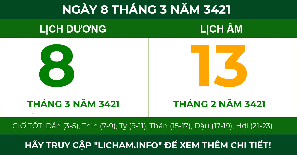 lịch âm ngày 8 tháng 3 năm 3421