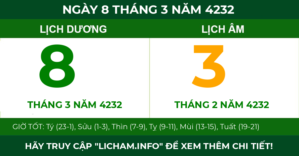 lịch âm ngày 8 tháng 3 năm 4232