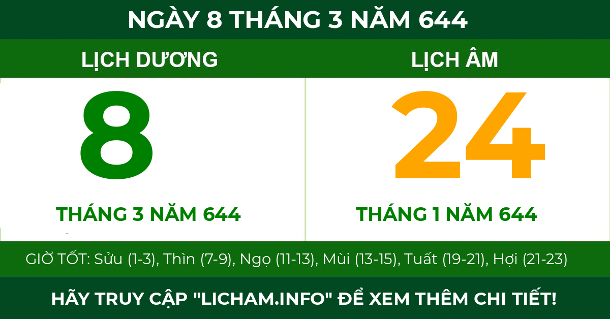 lịch âm ngày 8 tháng 3 năm 644
