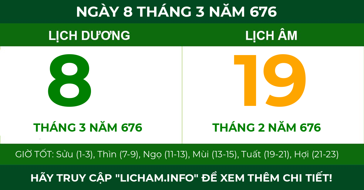 lịch âm ngày 8 tháng 3 năm 676