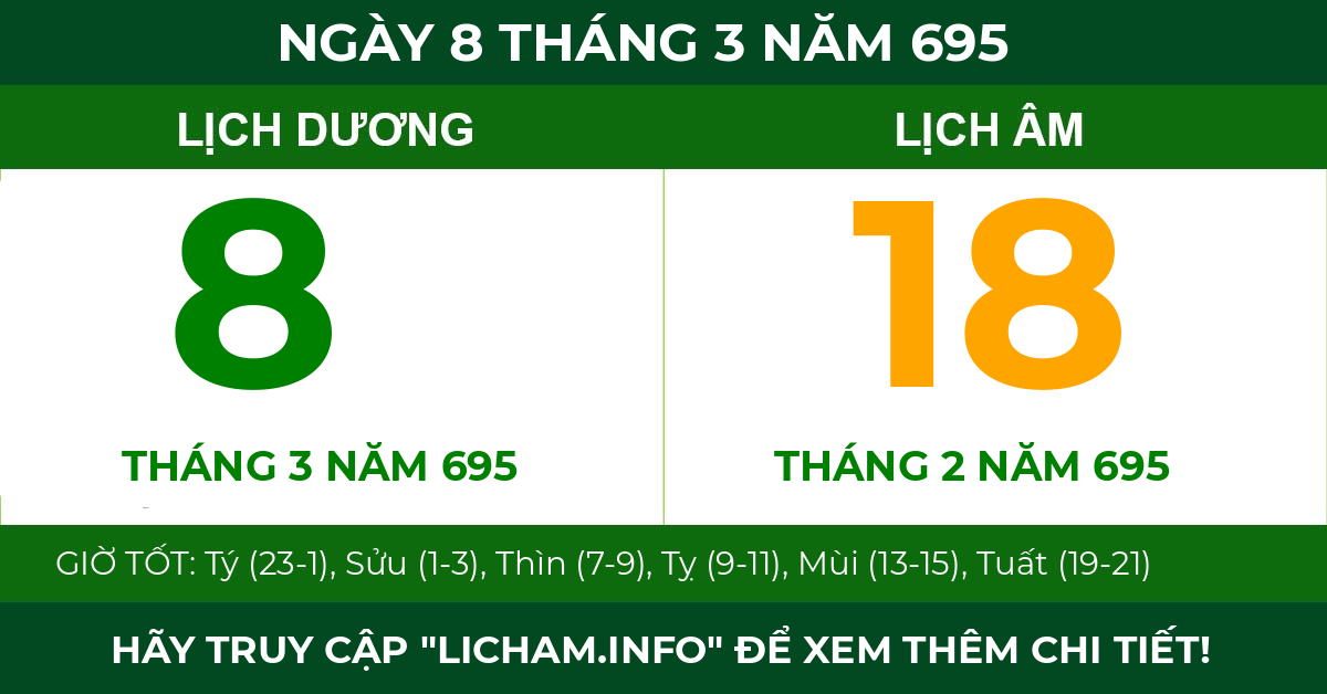 lịch âm ngày 8 tháng 3 năm 695