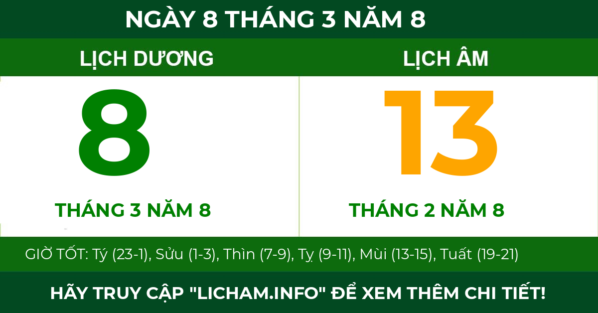 lịch âm ngày 8 tháng 3 năm 8