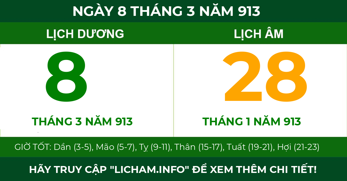 lịch âm ngày 8 tháng 3 năm 913