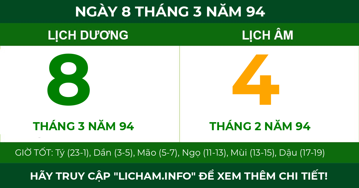 lịch âm ngày 8 tháng 3 năm 94