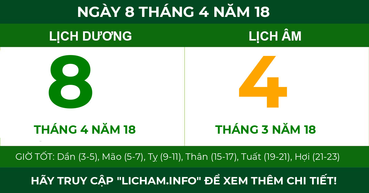 lịch âm ngày 8 tháng 4 năm 18
