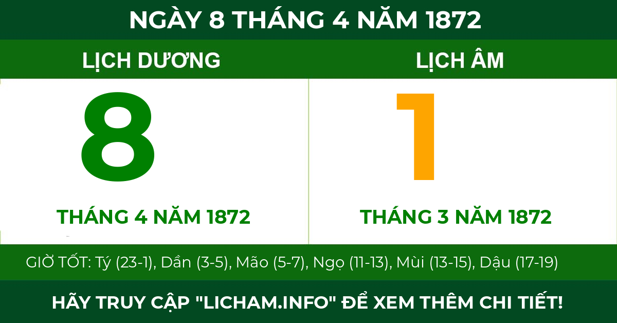 lịch âm ngày 8 tháng 4 năm 1872