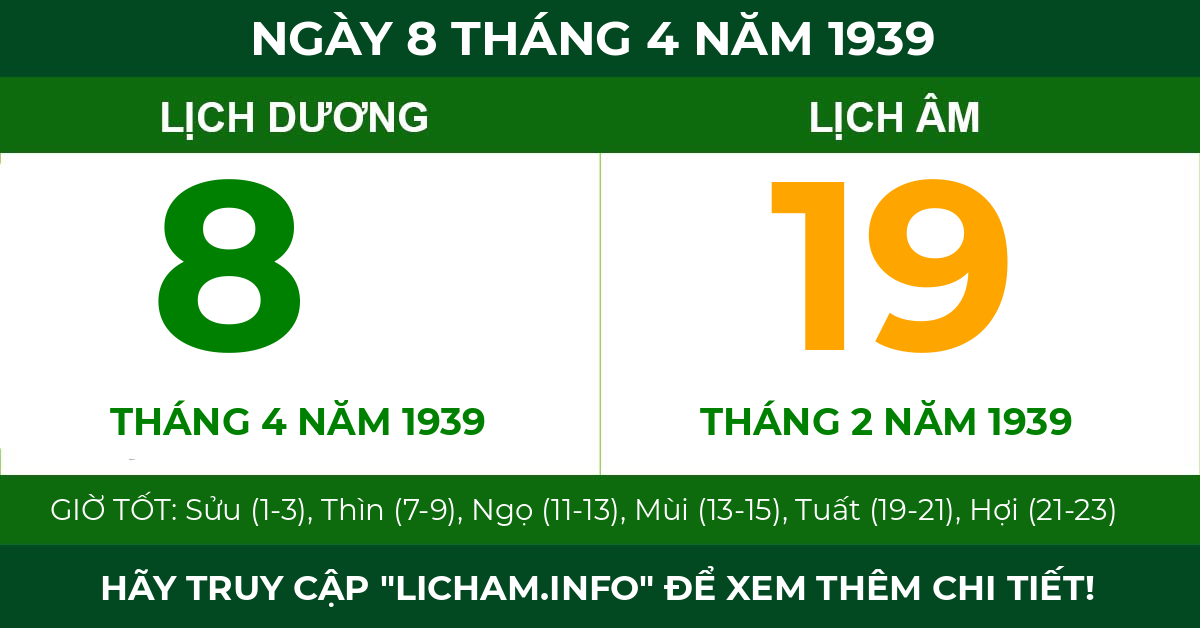 lịch âm ngày 8 tháng 4 năm 1939