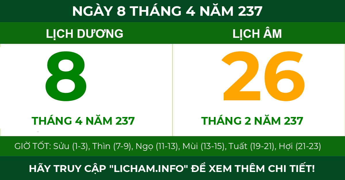 lịch âm ngày 8 tháng 4 năm 237
