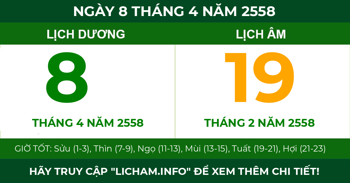 lịch âm ngày 8 tháng 4 năm 2558