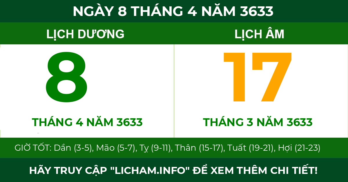 lịch âm ngày 8 tháng 4 năm 3633