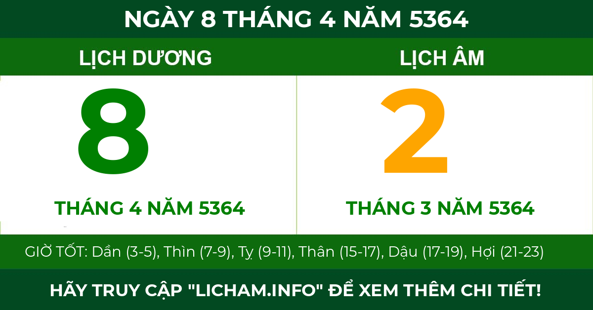 lịch âm ngày 8 tháng 4 năm 5364
