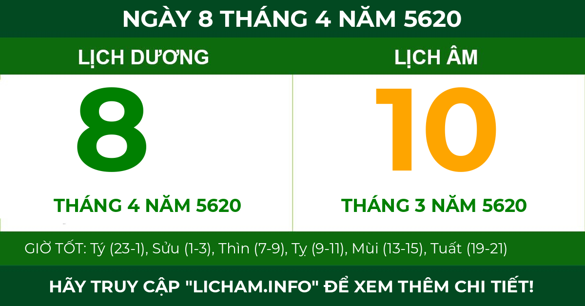 lịch âm ngày 8 tháng 4 năm 5620