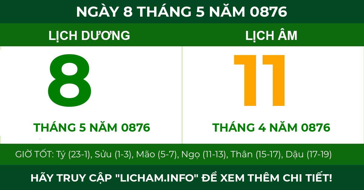 lịch âm ngày 8 tháng 5 năm 0876