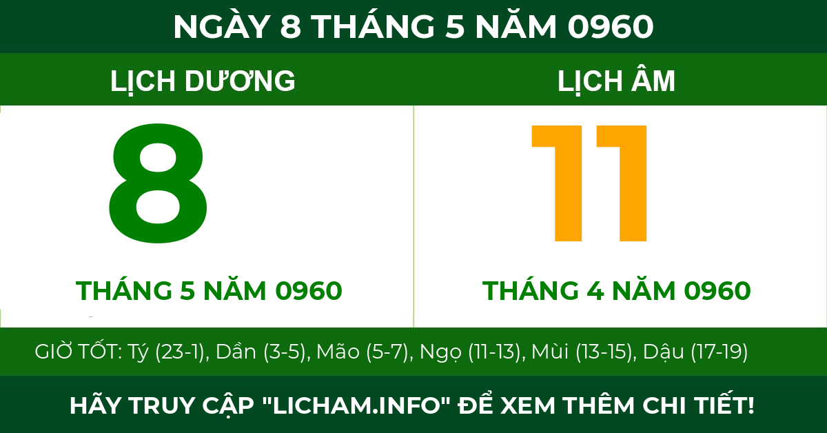 lịch âm ngày 8 tháng 5 năm 0960