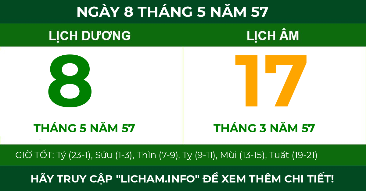 lịch âm ngày 8 tháng 5 năm 57
