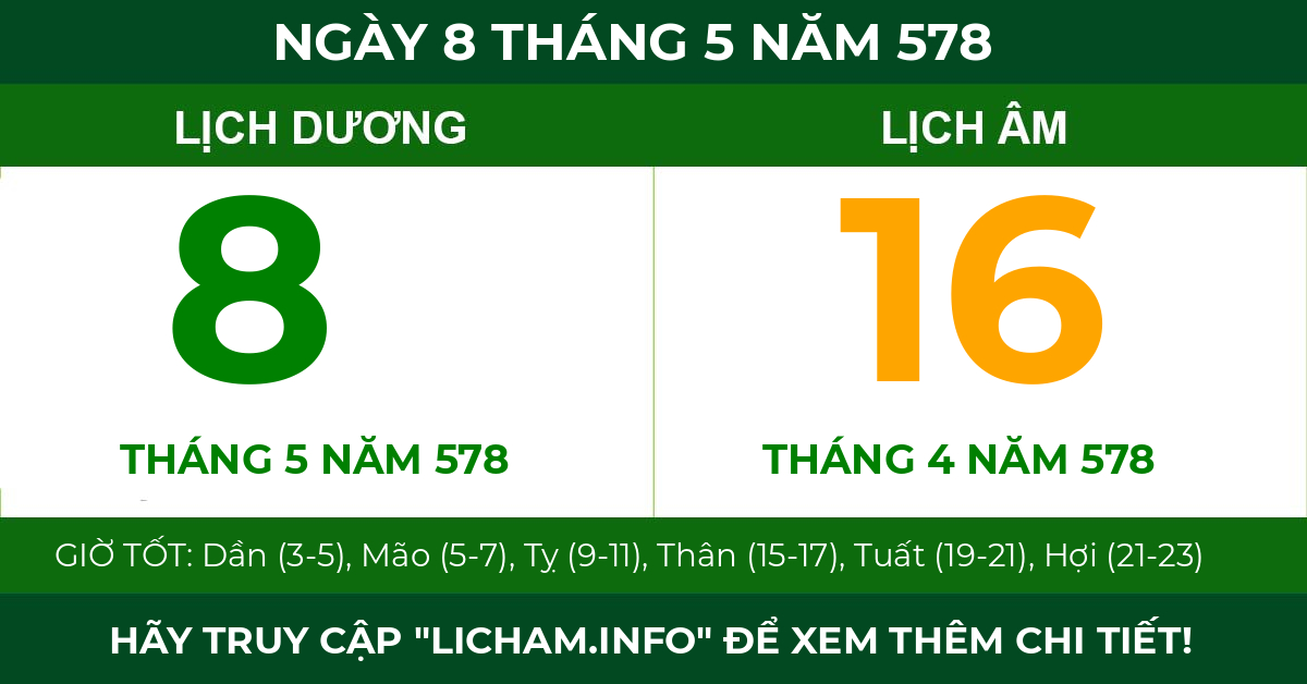 lịch âm ngày 8 tháng 5 năm 578