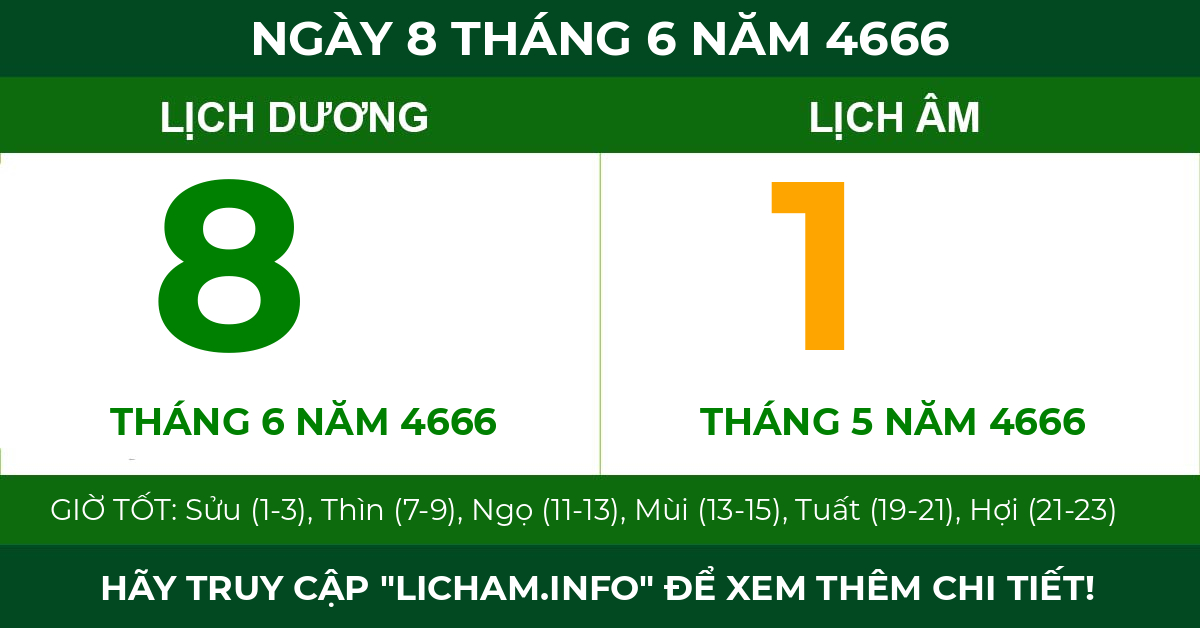 lịch âm ngày 8 tháng 6 năm 4666