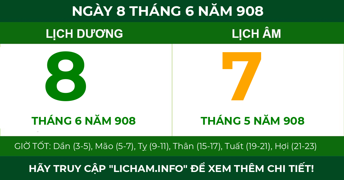 lịch âm ngày 8 tháng 6 năm 908