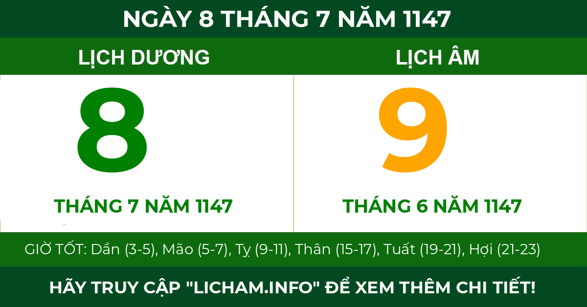 lịch âm ngày 8 tháng 7 năm 1147