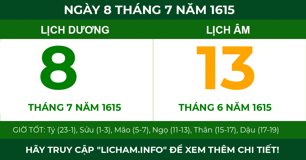 lịch âm ngày 8 tháng 7 năm 1615