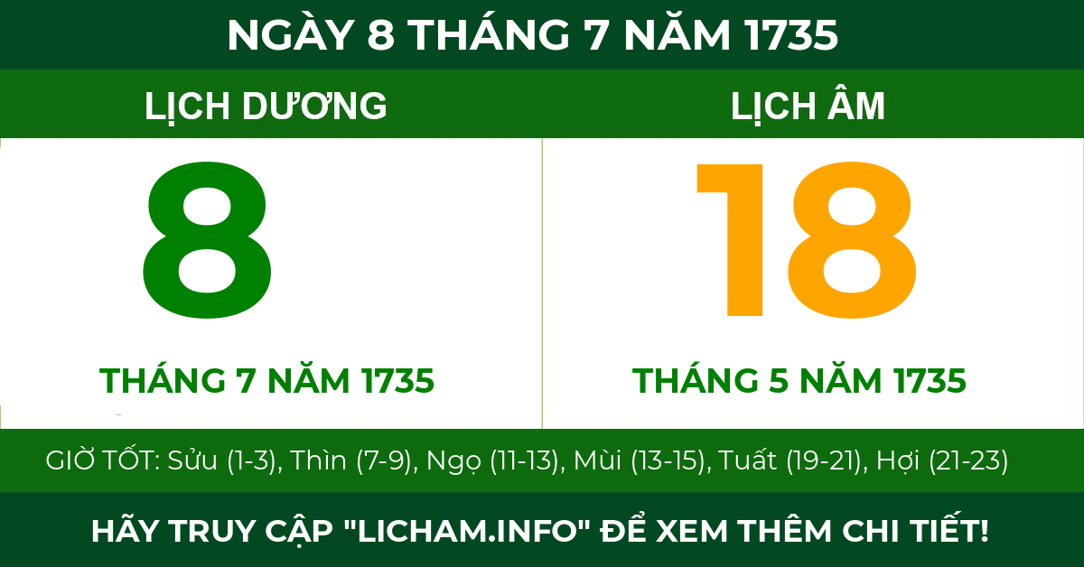 lịch âm ngày 8 tháng 7 năm 1735