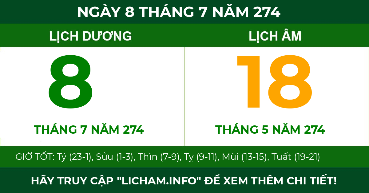 lịch âm ngày 8 tháng 7 năm 274