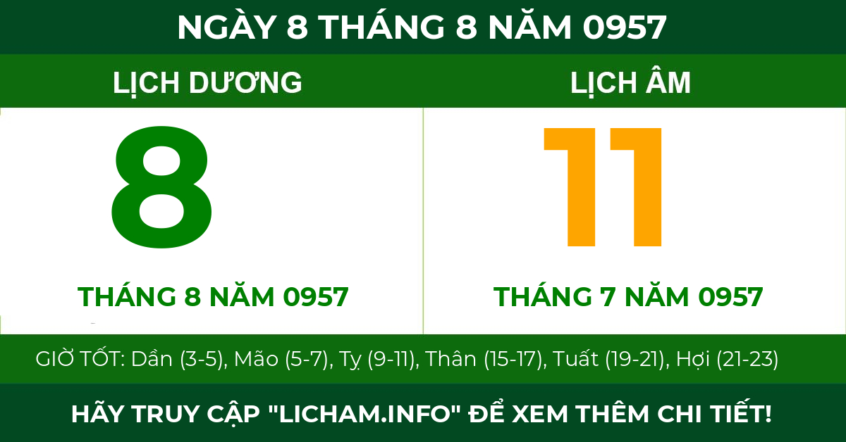 lịch âm ngày 8 tháng 8 năm 0957