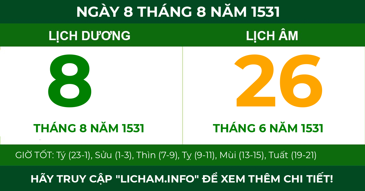 lịch âm ngày 8 tháng 8 năm 1531