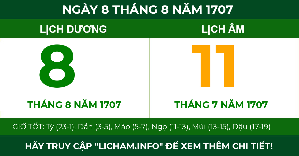lịch âm ngày 8 tháng 8 năm 1707