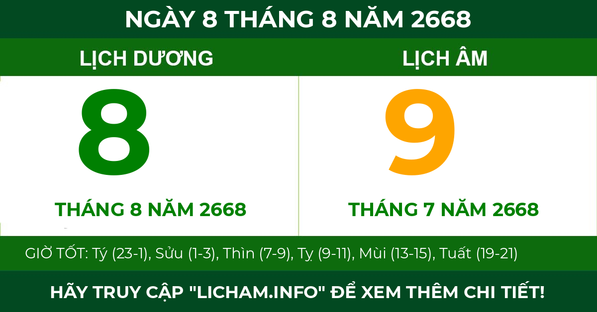 lịch âm ngày 8 tháng 8 năm 2668