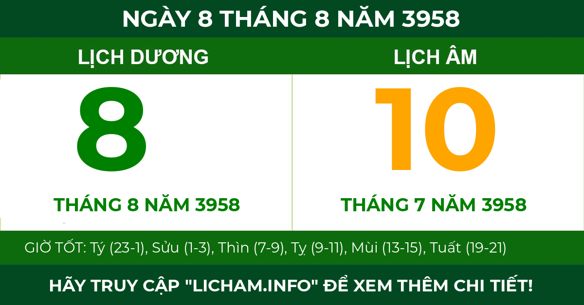 lịch âm ngày 8 tháng 8 năm 3958