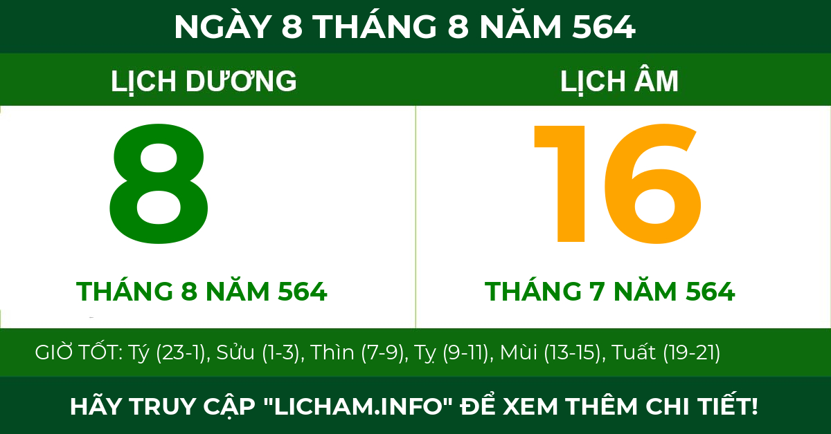 lịch âm ngày 8 tháng 8 năm 564