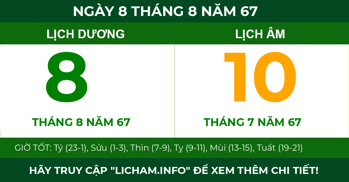 lịch âm ngày 8 tháng 8 năm 67