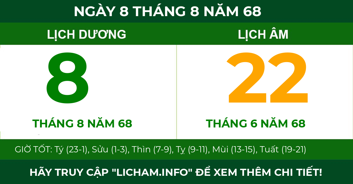 lịch âm ngày 8 tháng 8 năm 68