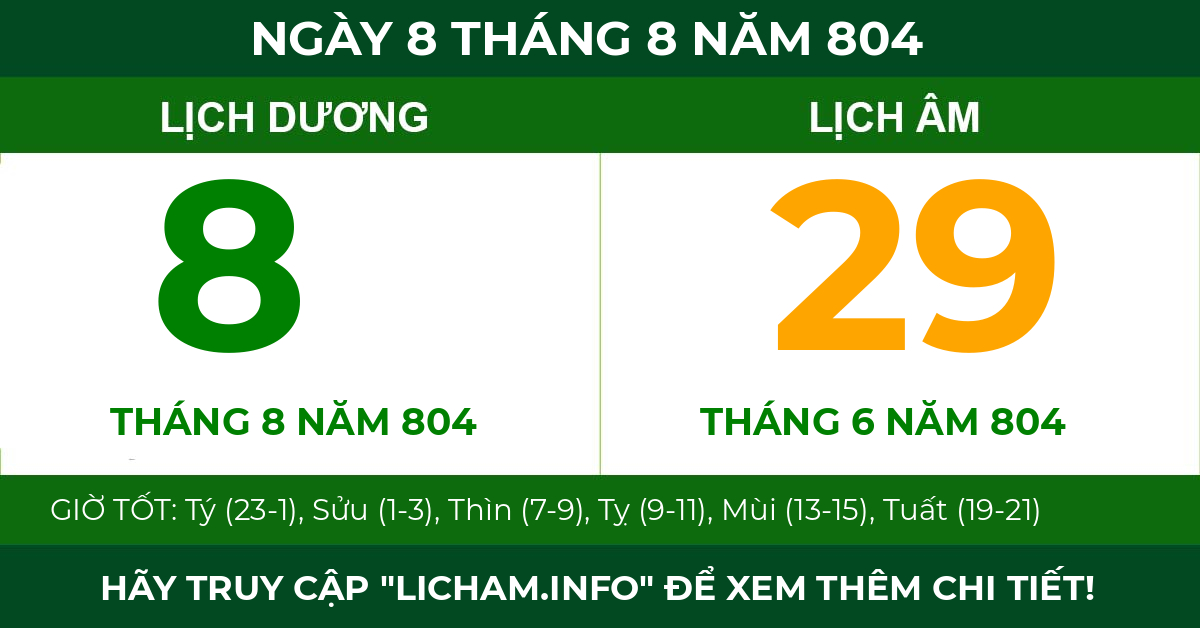 lịch âm ngày 8 tháng 8 năm 804