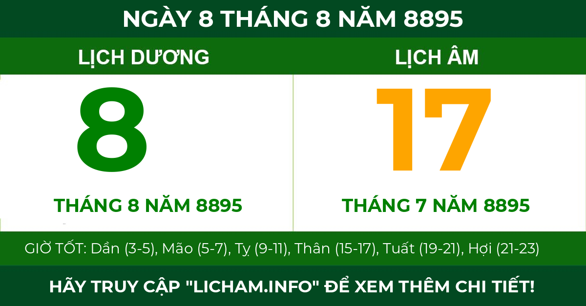 lịch âm ngày 8 tháng 8 năm 8895
