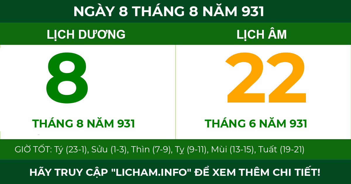 lịch âm ngày 8 tháng 8 năm 931