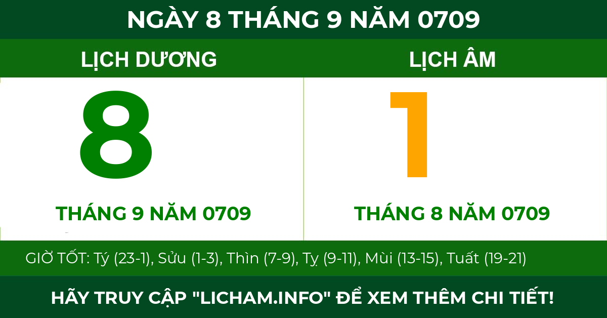 lịch âm ngày 8 tháng 9 năm 0709