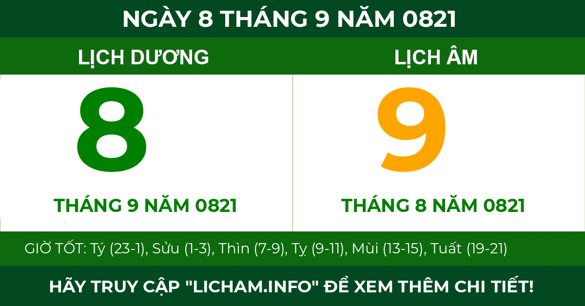lịch âm ngày 8 tháng 9 năm 0821