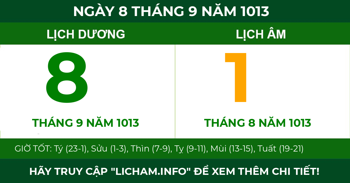 lịch âm ngày 8 tháng 9 năm 1013
