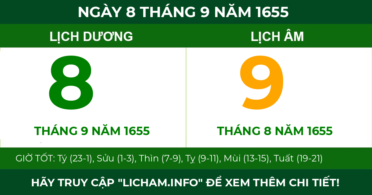lịch âm ngày 8 tháng 9 năm 1655