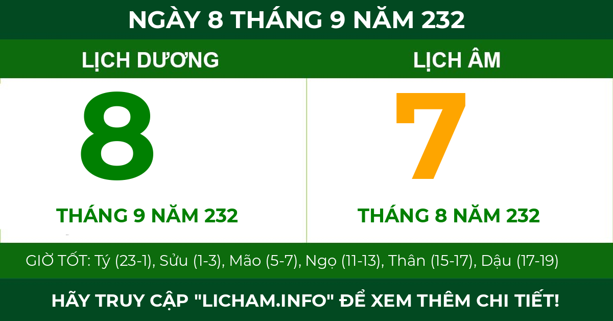 lịch âm ngày 8 tháng 9 năm 232
