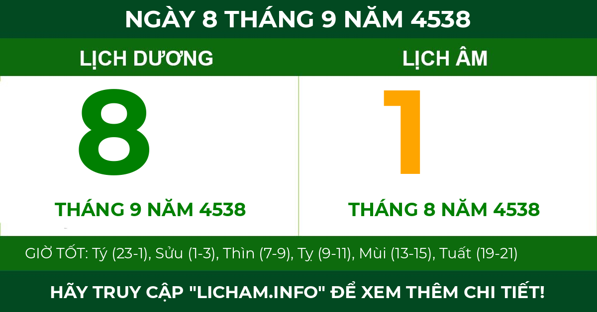 lịch âm ngày 8 tháng 9 năm 4538