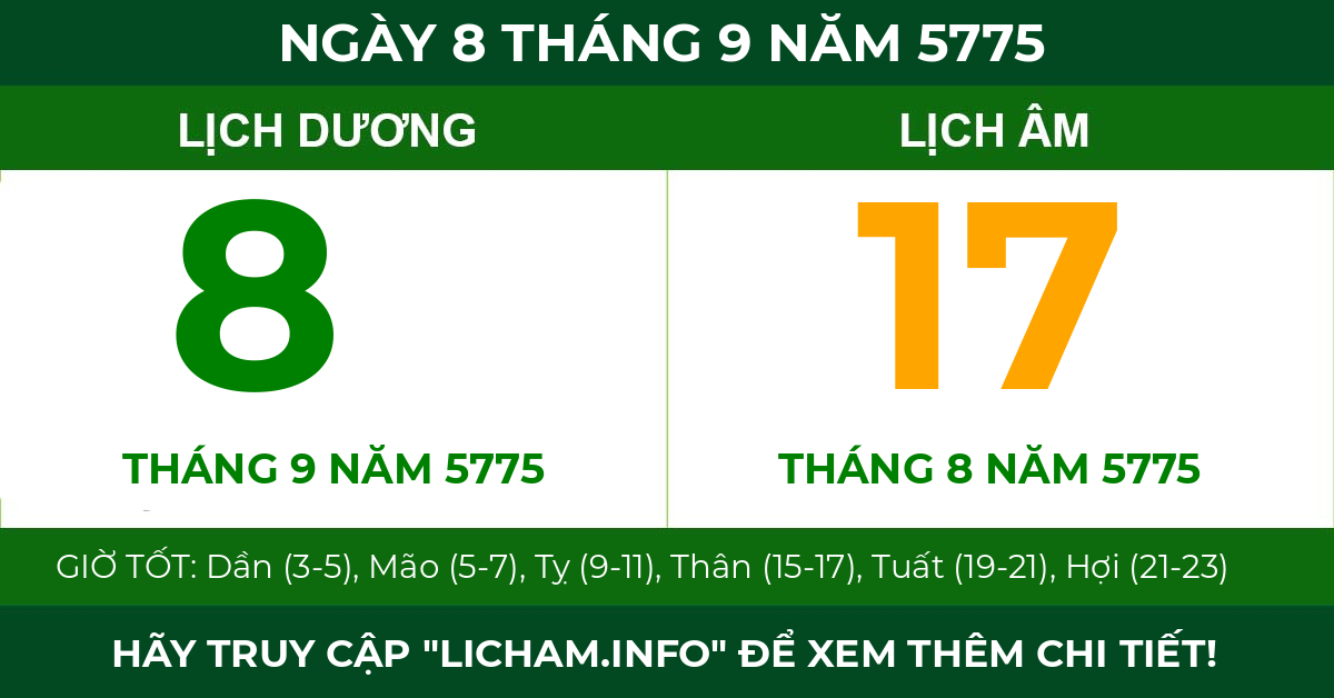 lịch âm ngày 8 tháng 9 năm 5775