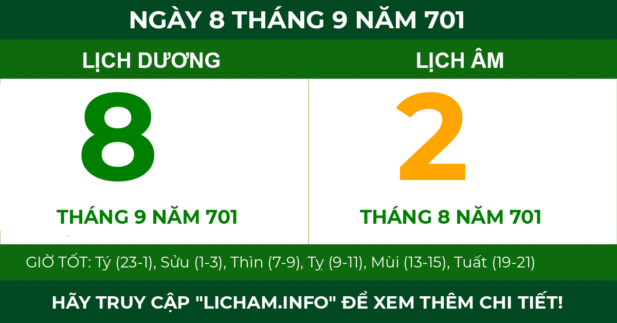 lịch âm ngày 8 tháng 9 năm 701