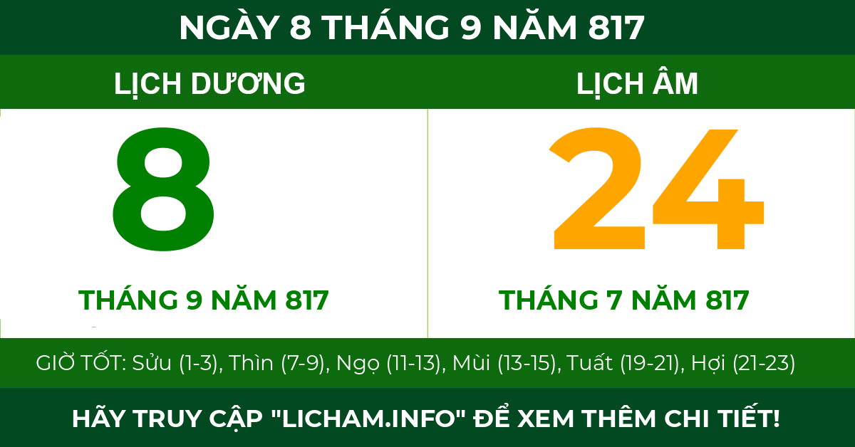 lịch âm ngày 8 tháng 9 năm 817