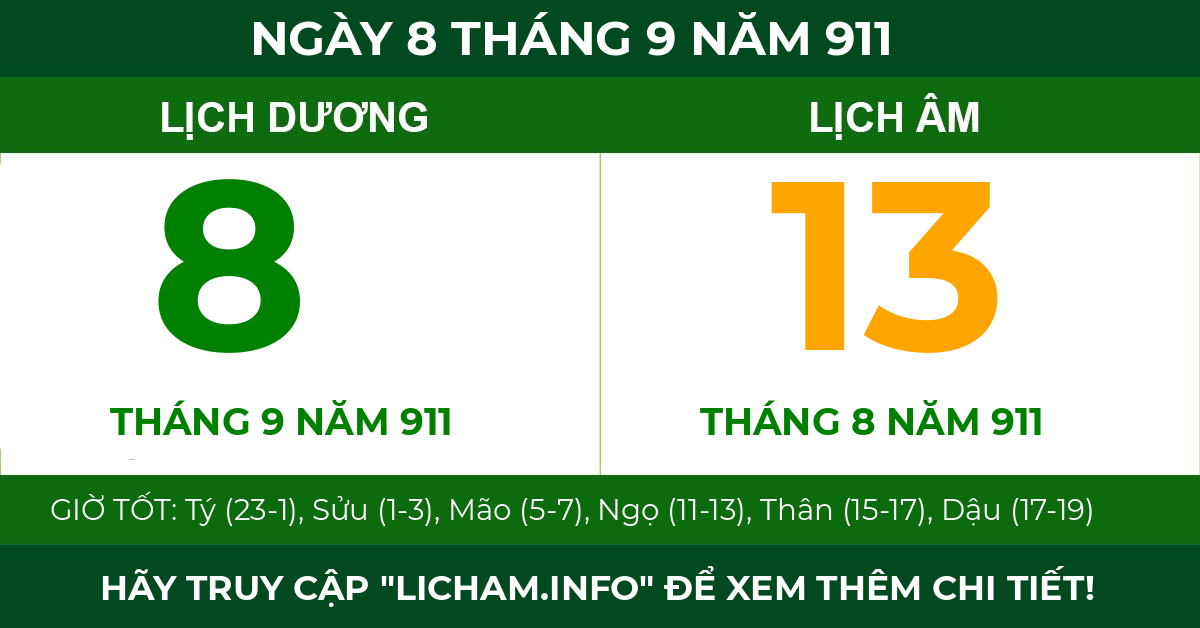 lịch âm ngày 8 tháng 9 năm 911